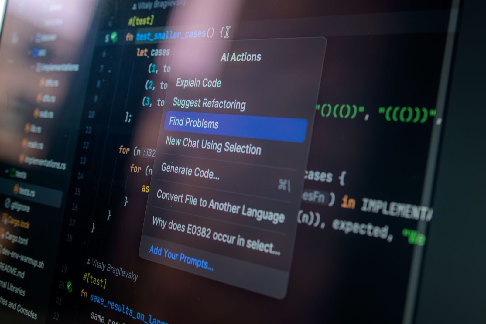 Tela com linhas de código e interface de inteligência artificial