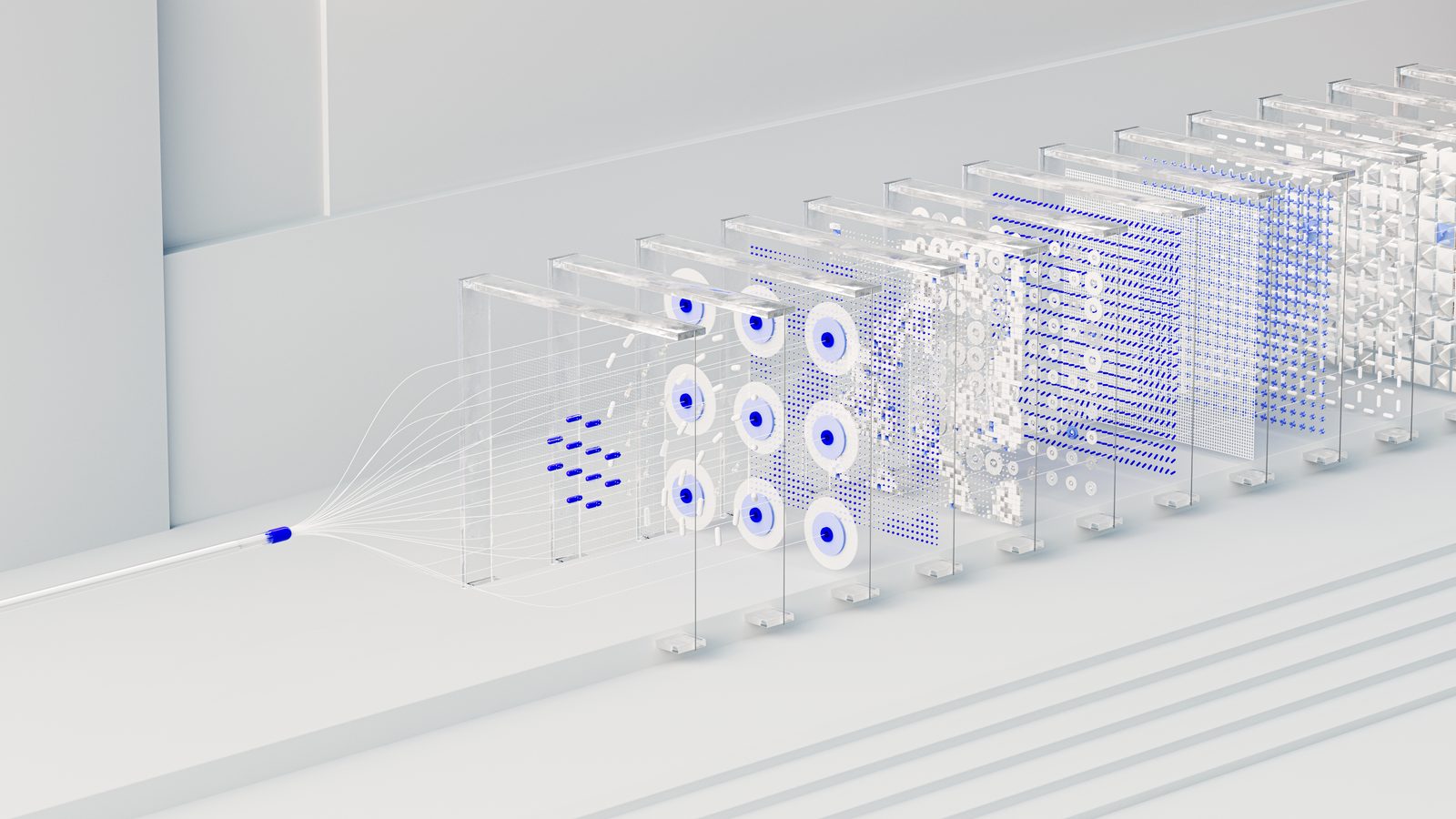 Corredor de servidores em data center usado para treinar modelos de inteligência artificial